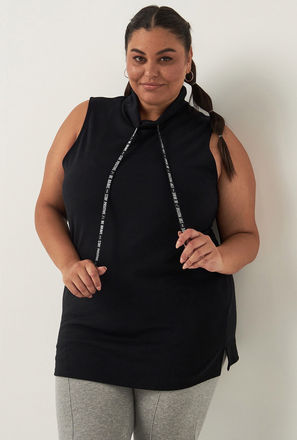 Solid Sleeveless Longline Sweatshirt with High Neck and Drawstrings