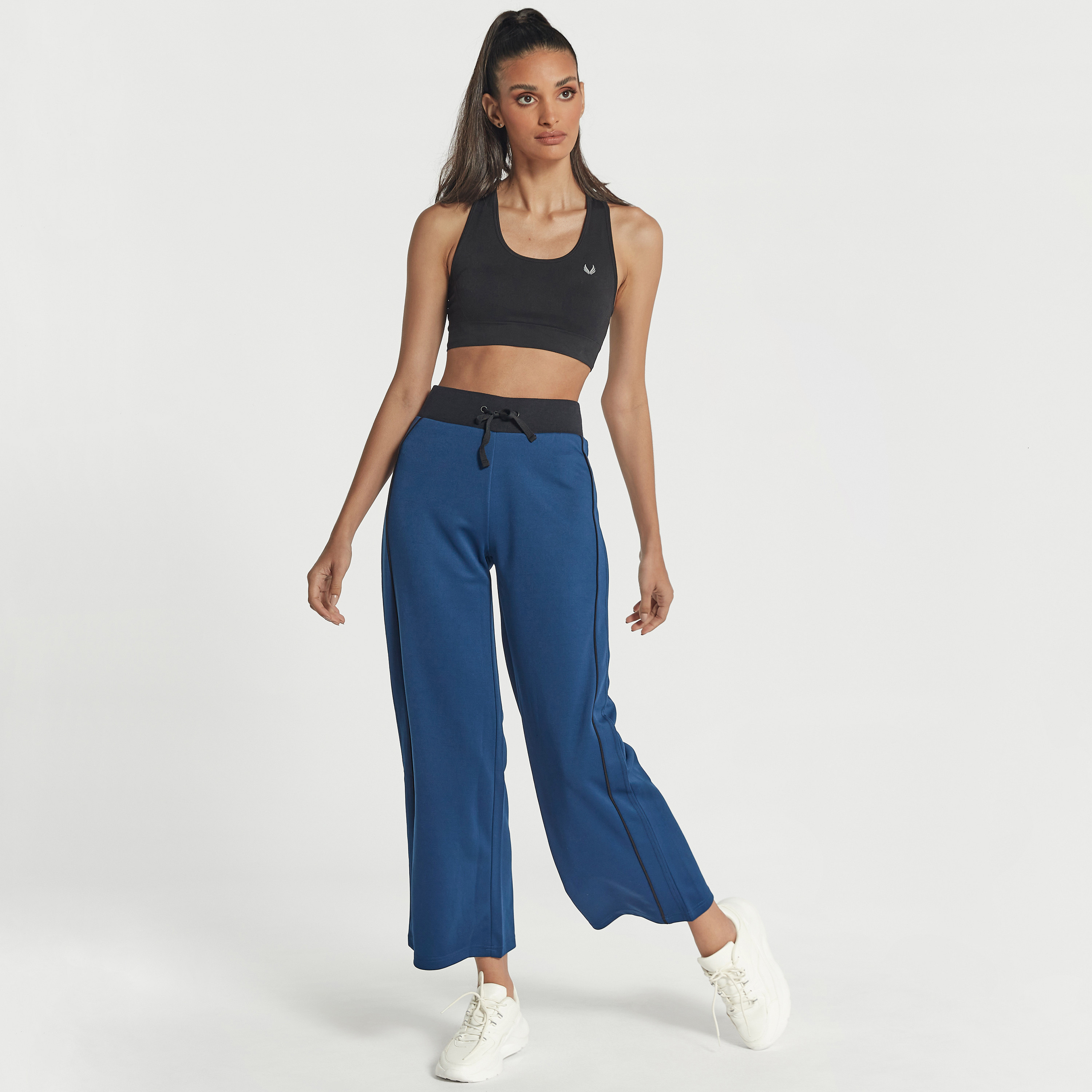 Shop Solid Wide Leg Track Pants with Piping Detail and Drawstring Closure Online Max Bahrain