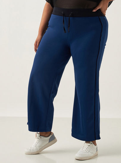 Solid Wide Leg Track Pants with Piping Detail and Drawstring Closure