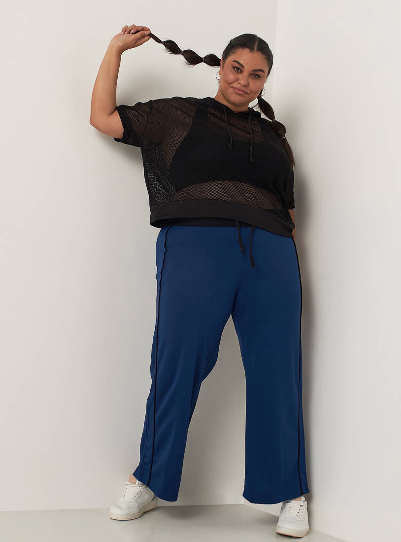 Solid Wide Leg Track Pants with Piping Detail and Drawstring Closure-Track Pants & Joggers-image-1