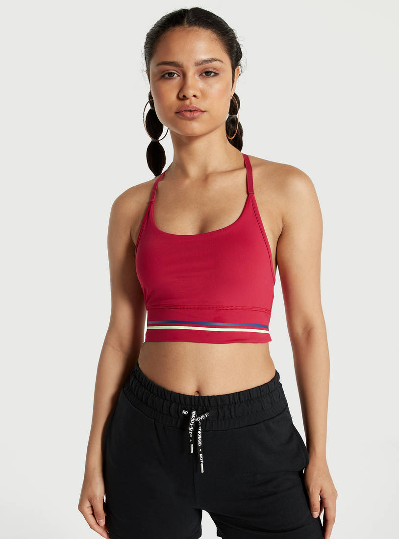 Shop Printed Hem Sports Bra with Scoop Neck and T-Back Straps