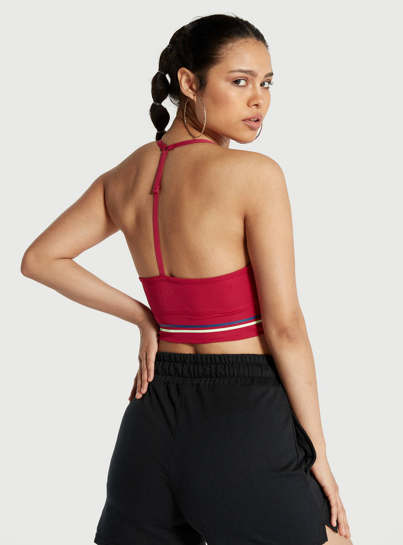 Shop Printed Hem Sports Bra with Scoop Neck and T-Back Straps