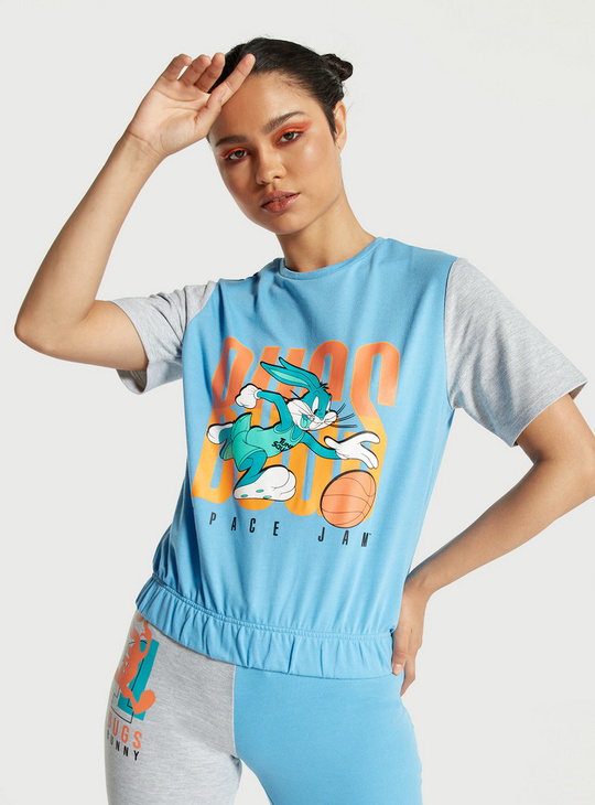 Space Jam Print Round Neck T-shirt with Short Sleeves