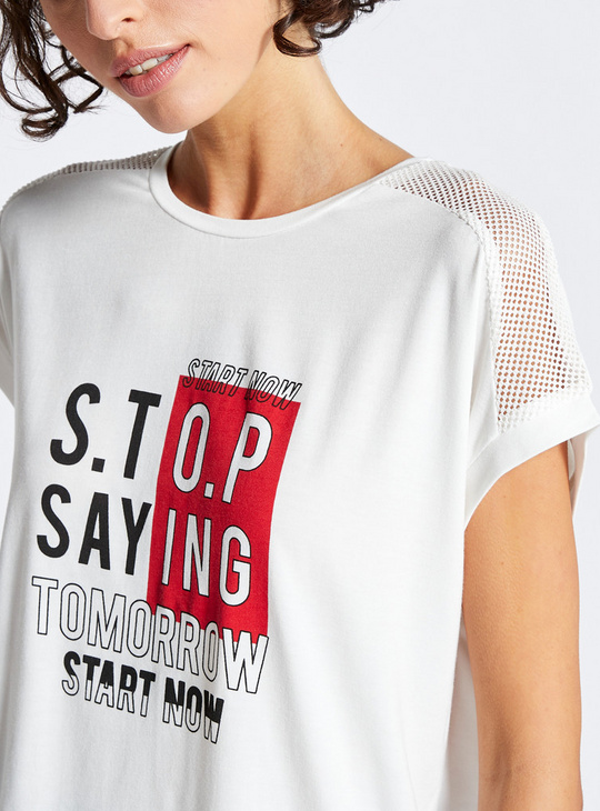 Slogan Print Round Neck T-shirt with Short Sleeves and Mesh Detail