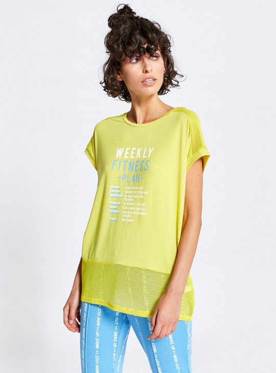 Slogan Print Round Neck T-shirt with Short Sleeves and Mesh Detail