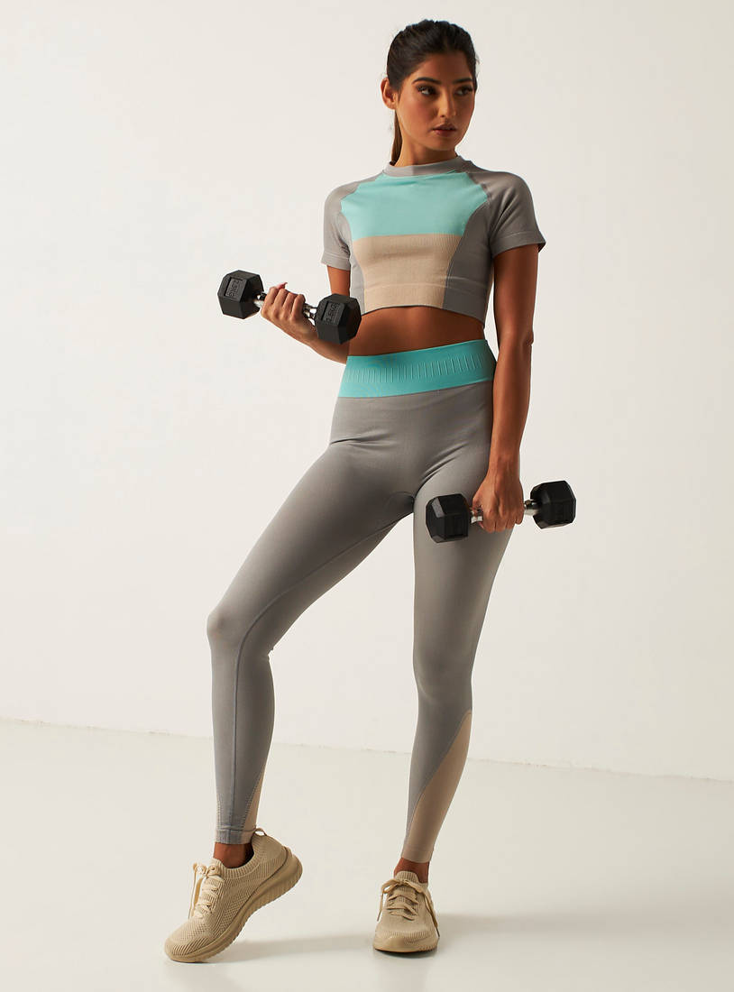 Shop Plain Seamless Leggings with Contrast Elasticated Waistband Online