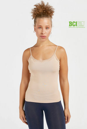 Solid Sleeveless BCI Cotton Camisole with Scoop Neck and Lace Detail
