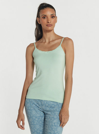 Solid Sleeveless BCI Cotton Camisole with Scoop Neck and Lace Detail