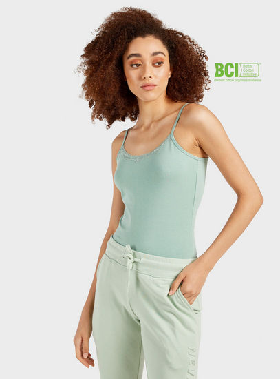 Solid BCI Cotton Camisole with Spaghetti Straps and Lace Detail