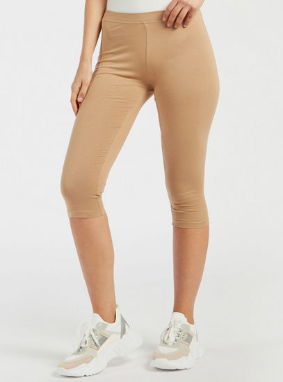 Solid Mid-Rise Anti-Pilling 3/4 Leggings with Elasticated Waistband