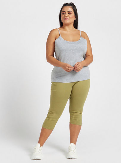 Solid Mid-Rise 3/4 Leggings with Elasticated Waistband-Leggings-image-0