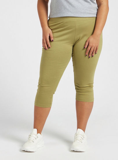 Solid Mid-Rise 3/4 Leggings with Elasticated Waistband-Leggings-image-1