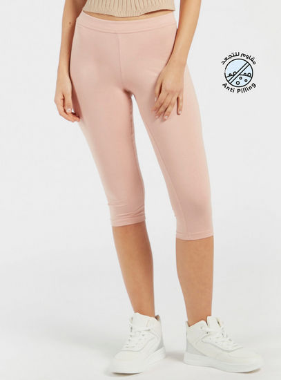 Solid Mid-Rise Anti-Pilling 3/4 Leggings with Elasticated Waistband-Leggings-image-1