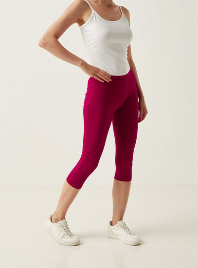 Solid 3/4 Length Mid-Rise Leggings with Elasticated Waist