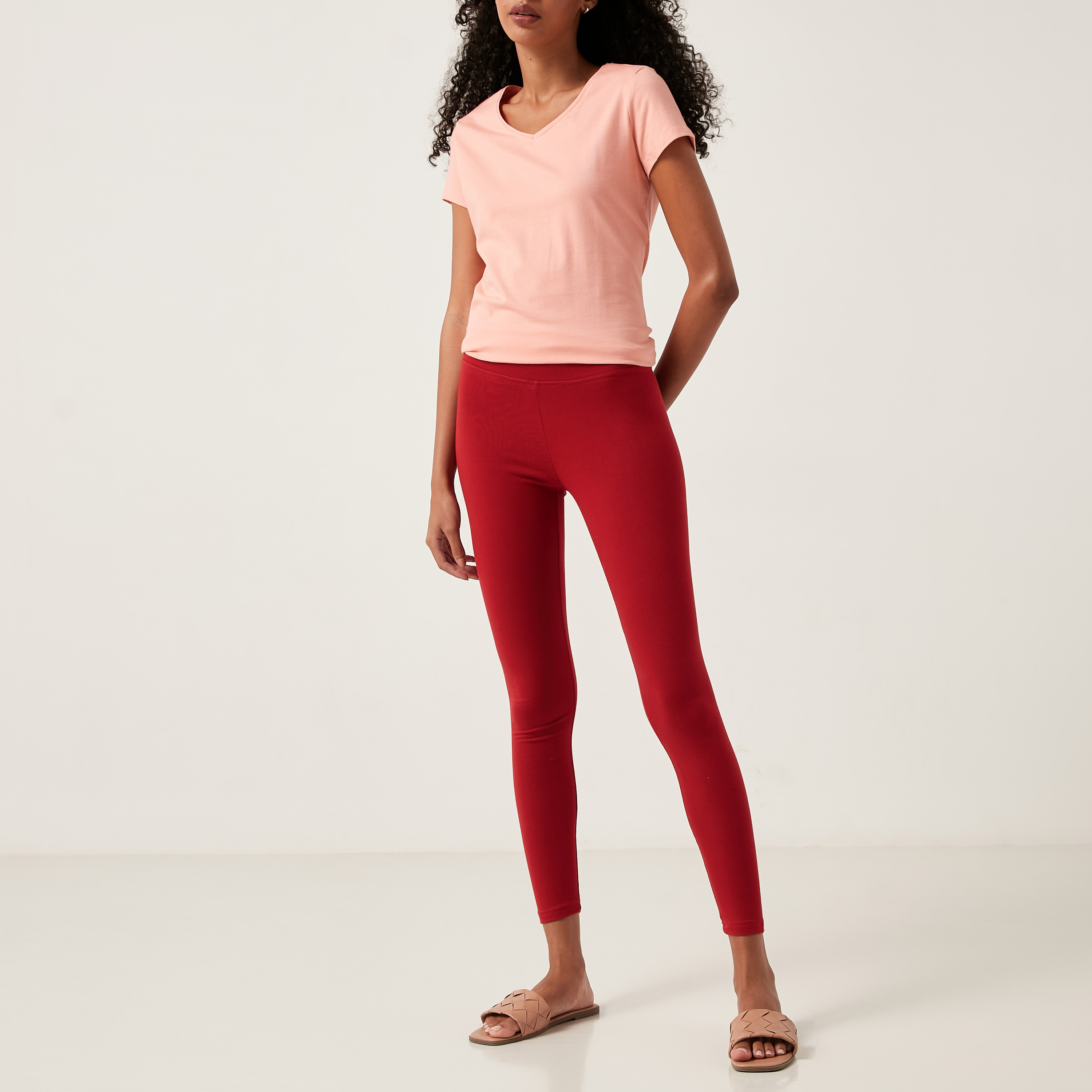 Shop Solid Mid-Rise Leggings with Elasticated Waistband