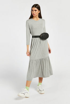 Solid Tiered Midi Dress with Round Neck and 3/4 Sleeves
