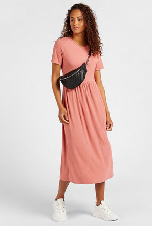 Ribbed Midi A-Line Dress with Short Sleeves