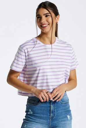 Striped Crop T-shirt with Round Neck and Short Sleeves