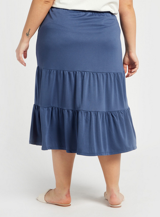 Solid Midi Tiered Skirt with Elasticised Waistband