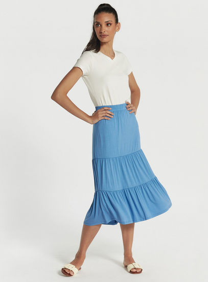 Solid Tiered Skirt with Elasticated Waistband