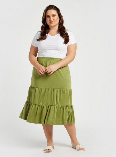 Solid Midi Tiered Skirt with Elasticised Waistband