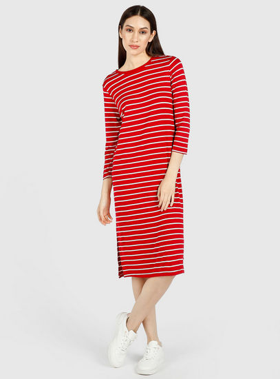 Striped Midi Shift Dress with 3/4 Sleeves