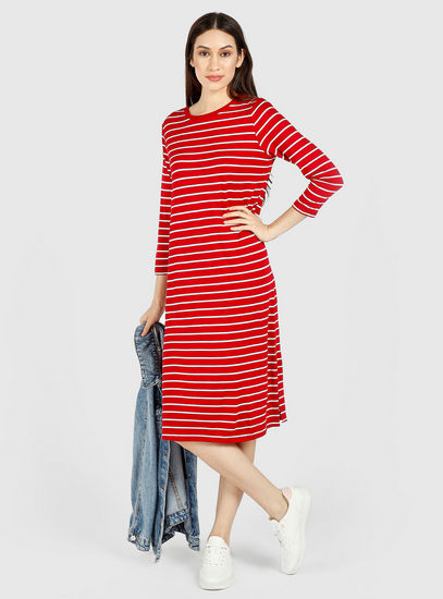 Striped Midi Shift Dress with 3/4 Sleeves
