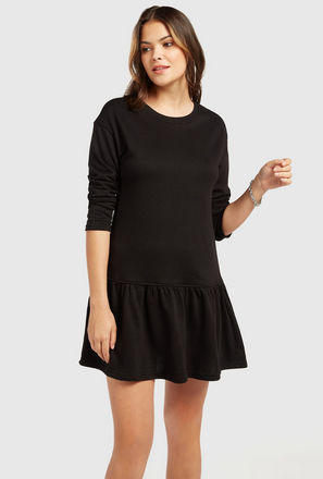 Solid Mini Drop Waist Dress with Round Neck and Long Sleeves