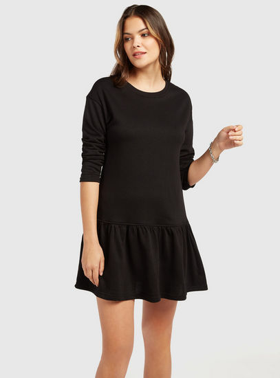 Solid Mini Drop Waist Dress with Round Neck and Long Sleeves-Knee-image-0