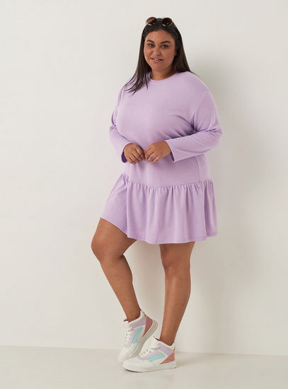 Solid Mini Drop Waist Dress with Round Neck and Long Sleeves-Knee-image-1