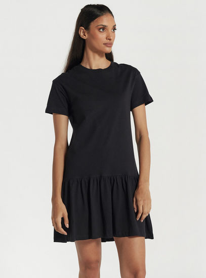 Solid Tiered Mini Dress with Round Neck and Short Sleeves