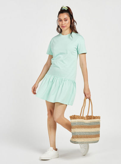 Solid Tiered Mini Dress with Round Neck and Short Sleeves