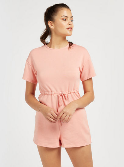 Solid Playsuit with Waist Tie-up and Short Sleeves