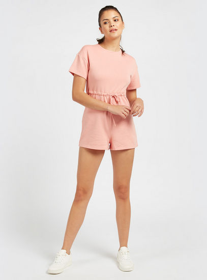 Solid Playsuit with Waist Tie-up and Short Sleeves