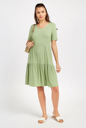 Ribbed V-neck Tiered Dress with Short Sleeves