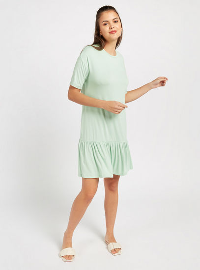 Solid Knee Length Tiered Dress with Round Neck and Short Sleeves