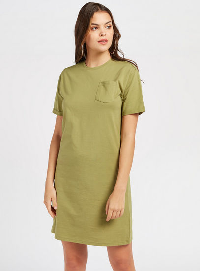 Solid T-shirt Dress with Round Neck and Patch Pocket