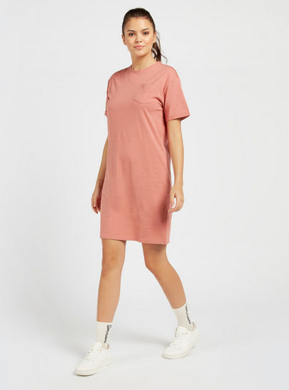 Solid T-shirt Dress with Round Neck and Patch Pocket