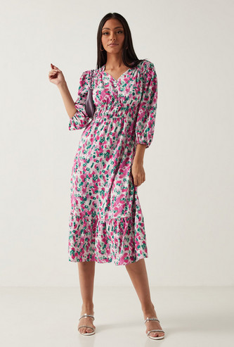 All Over Printed Midi Dress with V-neck and 3/4 Sleeves