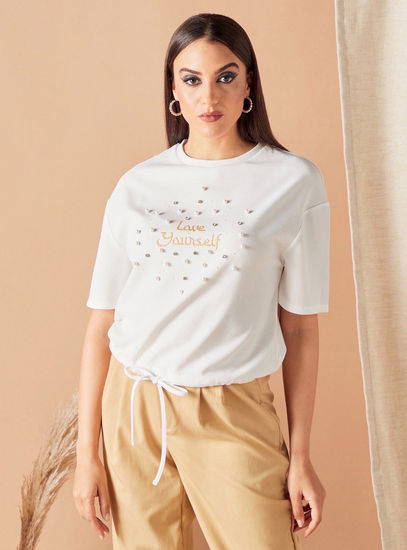 Embellished Crew Neck T-shirt with Short Sleeves and Tie-Ups-T-shirts & Vests-image-0