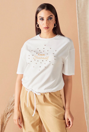 Embellished Crew Neck T-shirt with Short Sleeves and Tie-Ups