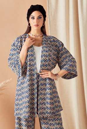 Printed Open Front Kimono with 3/4 Sleeves