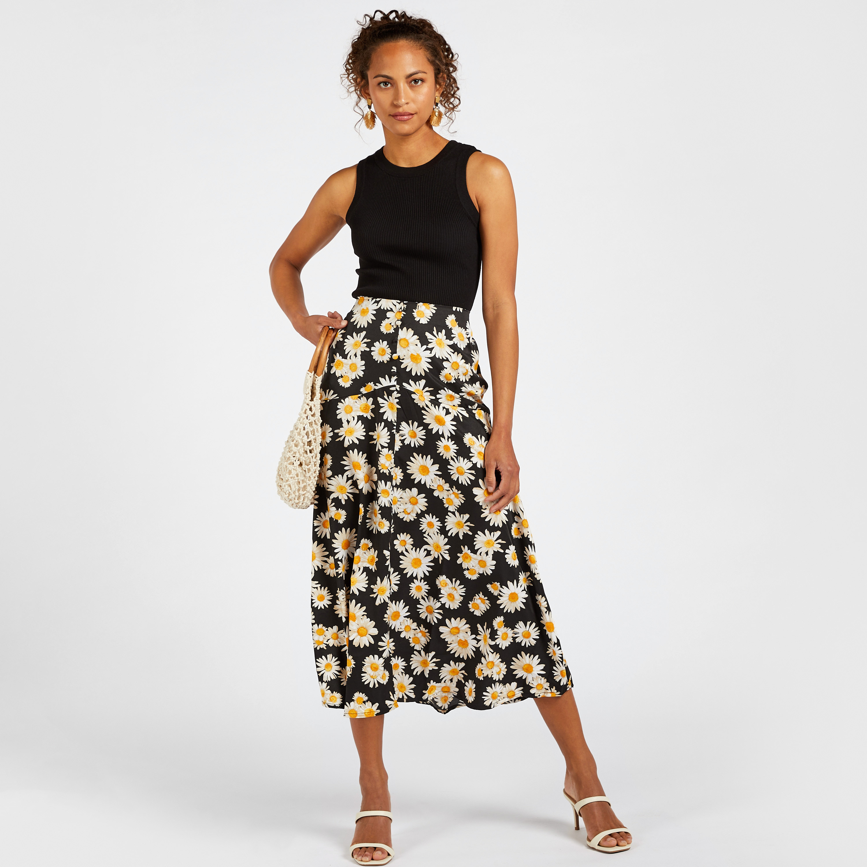 Black fit and flare midi outlet skirt