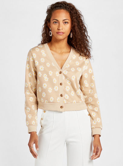 Floral Print V-neck Cardigan with Long Sleeves and Button Closure-Sweaters & Cardigans-image-1