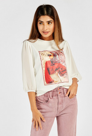 Graphic Print T-shirt with Round Neck and 3/4th Sleeves