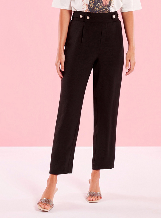 Solid Tapered Fit High Waist Trousers and Button Accents