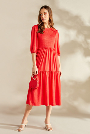 Textured Tiered Dress with Three-Quarter Sleeves and Smocking Detail