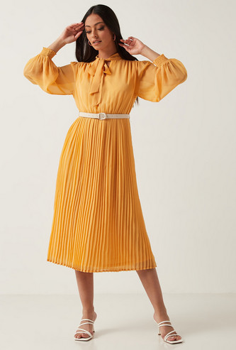 Pleated Midi A-line Dress with Bow Detail and Long Sleeves