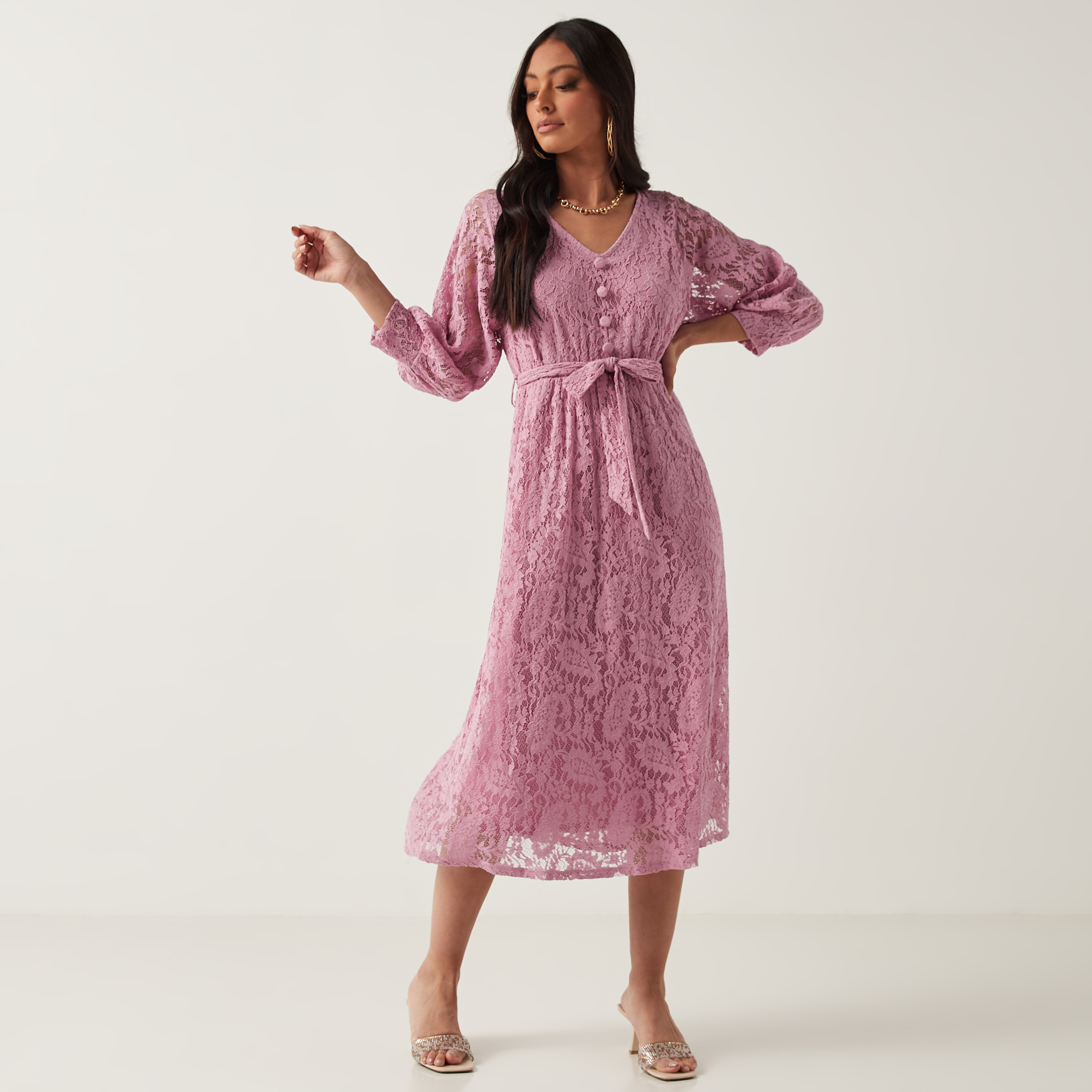 Pink lace midi store dress with sleeves