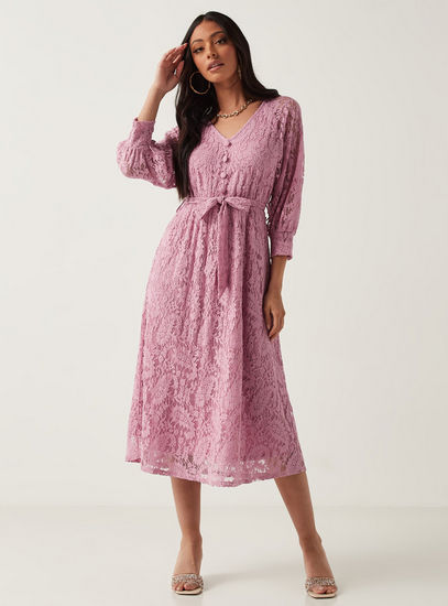 Lace Midi A-line Dress with 3/4 Sleeves and Waist Tie-Up